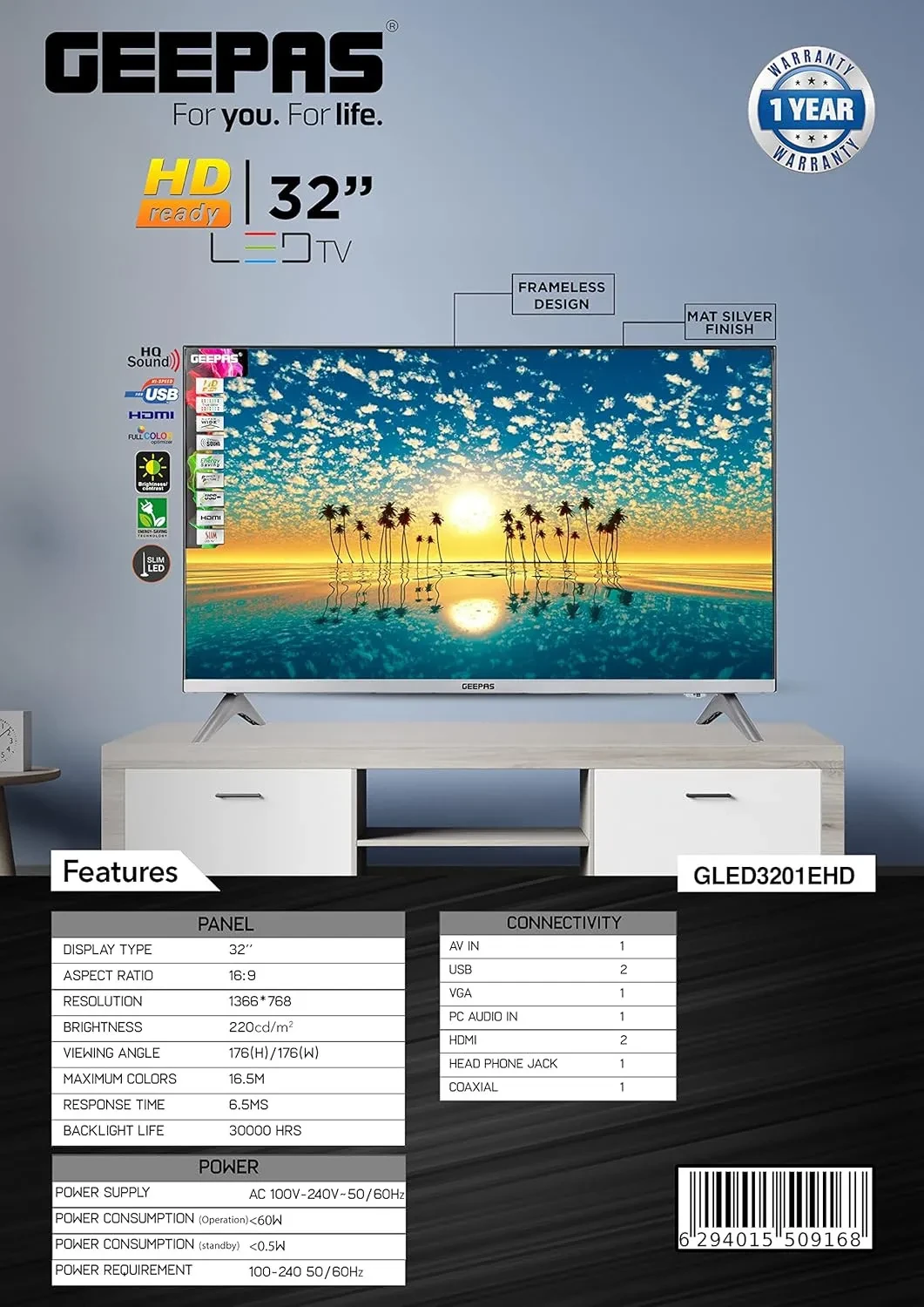 صورة مصغرة للمنتج شاشة جيباس مقاس 32 بوصة موديل GLED3201EHD - 11