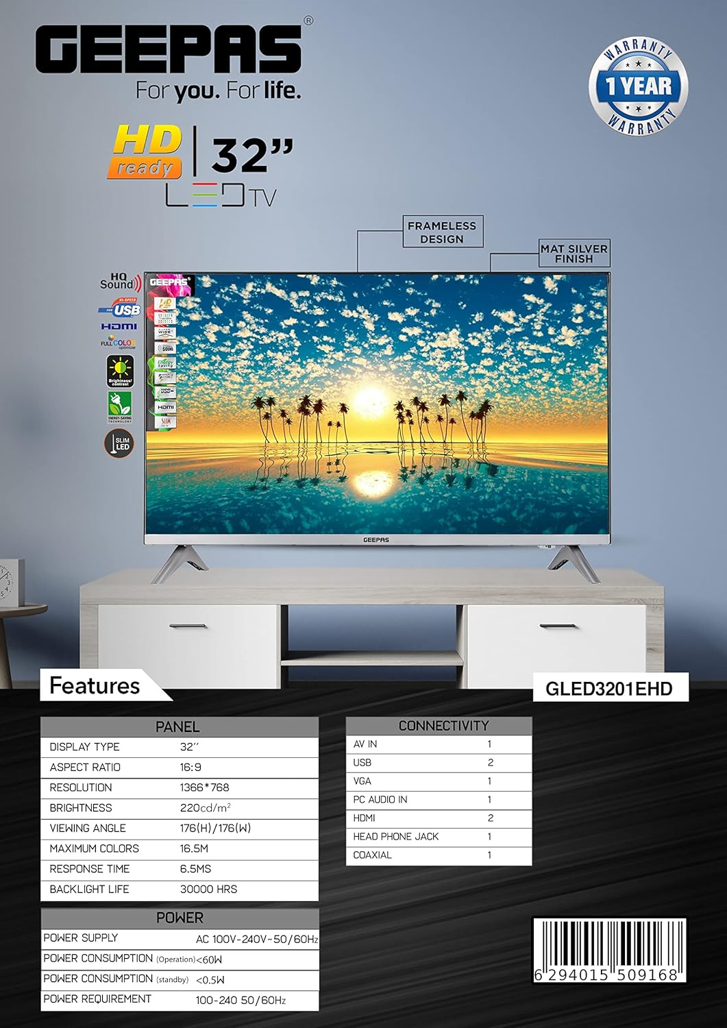 صورة مصغرة للمنتج شاشة جيباس مقاس 32 بوصة موديل GLED3201EHD - 6