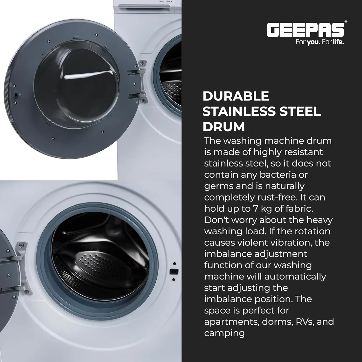 غسالة جيباس اوتماتيك تحميل امامي 7 كيلو موديل GWMF71200LCJ - صورة المنتج 5